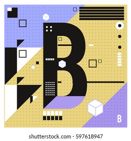 Vector Letter B Memphis style geometrical color outline font. Graphical decorative type. Template for poster design.