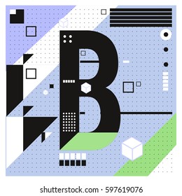 Vector Letter B Memphis style geometrical color outline font. Graphical decorative type. Template for poster design.