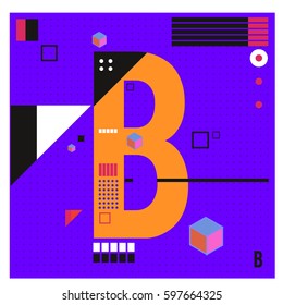 Vector Letter B Memphis style geometrical color outline font. Graphical decorative type. Template for poster design.