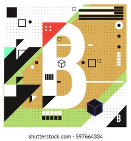 Vector Letter B Memphis style geometrical color outline font. Graphical decorative type. Template for poster design.