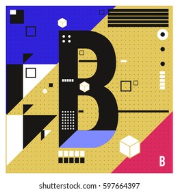 Vector Letter B Memphis style geometrical color outline font. Graphical decorative type. Template for poster design.