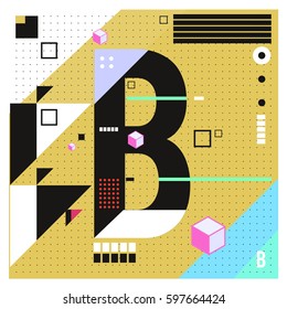 Vector Letter B Memphis style geometrical color outline font. Graphical decorative type. Template for poster design.