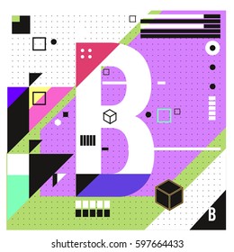 Vector Letter B Memphis style geometrical color outline font. Graphical decorative type. Template for poster design.