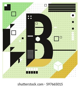Vector Letter B Memphis style geometrical color outline font. Graphical decorative type. Template for poster design.