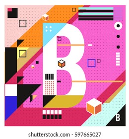Vector Letter B Memphis style geometrical color outline font. Graphical decorative type. Template for poster design.