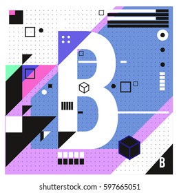 Vector Letter B Memphis style geometrical color outline font. Graphical decorative type. Template for poster design.