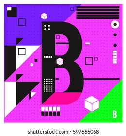 Vector Letter B Memphis style geometrical color outline font. Graphical decorative type. Template for poster design.