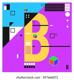 Vector Letter B Memphis style geometrical color outline font. Graphical decorative type. Template for poster design.