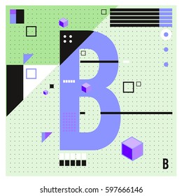 Vector Letter B Memphis style geometrical color outline font. Graphical decorative type. Template for poster design.