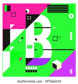 Vector Letter B Memphis style geometrical color outline font. Graphical decorative type. Template for poster design.