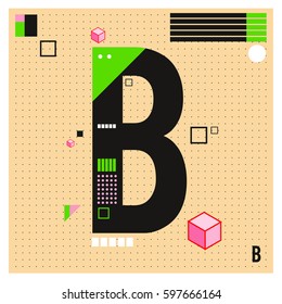 Vector Letter B Memphis style geometrical color outline font. Graphical decorative type. Template for poster design.