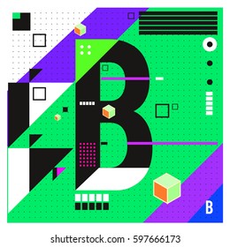 Vector Letter B Memphis style geometrical color outline font. Graphical decorative type. Template for poster design.