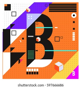 Vector Letter B Memphis style geometrical color outline font. Graphical decorative type. Template for poster design.