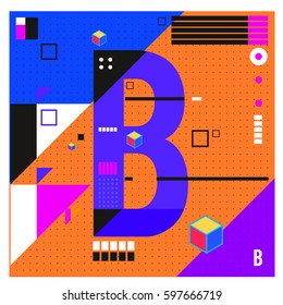 Vector Letter B Memphis style geometrical color outline font. Graphical decorative type. Template for poster design.