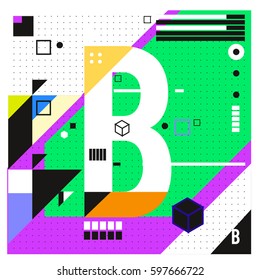 Vector Letter B Memphis style geometrical color outline font. Graphical decorative type. Template for poster design.