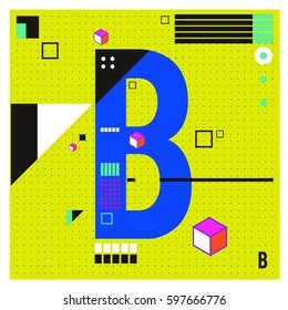 Vector Letter B Memphis style geometrical color outline font. Graphical decorative type. Template for poster design.