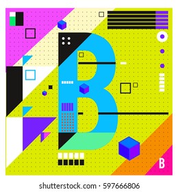 Vector Letter B Memphis style geometrical color outline font. Graphical decorative type. Template for poster design.