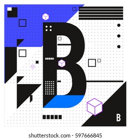 Vector Letter B Memphis style geometrical color outline font. Graphical decorative type. Template for poster design.