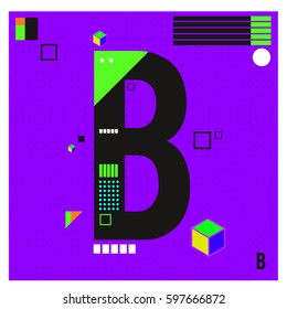Vector Letter B Memphis style geometrical color outline font. Graphical decorative type. Template for poster design.