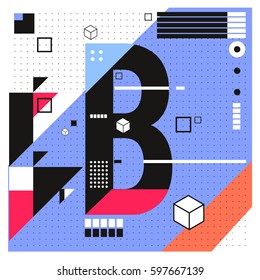Vector Letter B Memphis style geometrical color outline font. Graphical decorative type. Template for poster design.