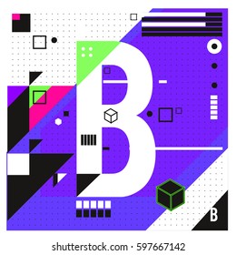 Vector Letter B Memphis style geometrical color outline font. Graphical decorative type. Template for poster design.