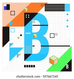 Vector Letter B Memphis style geometrical color outline font. Graphical decorative type. Template for poster design.