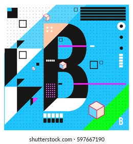 Vector Letter B Memphis style geometrical color outline font. Graphical decorative type. Template for poster design.