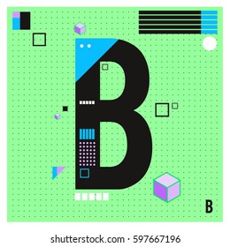 Vector Letter B Memphis style geometrical color outline font. Graphical decorative type. Template for poster design.