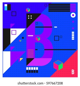 Vector Letter B Memphis style geometrical color outline font. Graphical decorative type. Template for poster design.