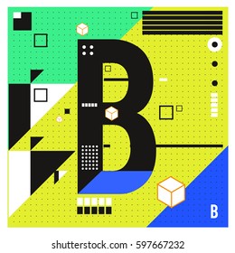 Vector Letter B Memphis style geometrical color outline font. Graphical decorative type. Template for poster design.