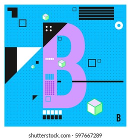 Vector Letter B Memphis style geometrical color outline font. Graphical decorative type. Template for poster design.
