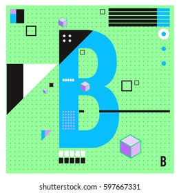 Vector Letter B Memphis style geometrical color outline font. Graphical decorative type. Template for poster design.