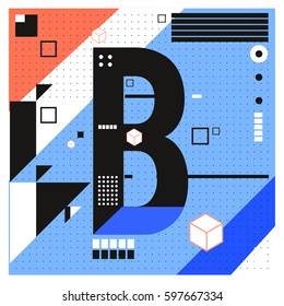 Vector Letter B Memphis style geometrical color outline font. Graphical decorative type. Template for poster design.