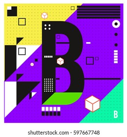 Vector Letter B Memphis style geometrical color outline font. Graphical decorative type. Template for poster design.