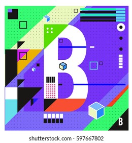 Vector Letter B Memphis style geometrical color outline font. Graphical decorative type. Template for poster design.