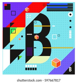 Vector Letter B Memphis style geometrical color outline font. Graphical decorative type. Template for poster design.