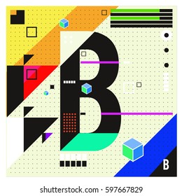 Vector Letter B Memphis style geometrical color outline font. Graphical decorative type. Template for poster design.
