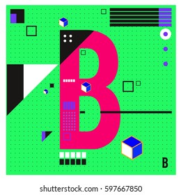Vector Letter B Memphis style geometrical color outline font. Graphical decorative type. Template for poster design.