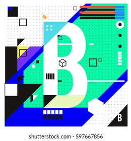 Vector Letter B Memphis style geometrical color outline font. Graphical decorative type. Template for poster design.