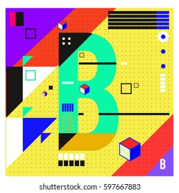 Vector Letter B Memphis style geometrical color outline font. Graphical decorative type. Template for poster design.