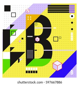 Vector Letter B Memphis style geometrical color outline font. Graphical decorative type. Template for poster design.