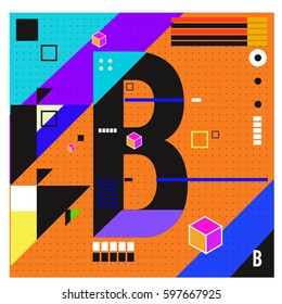 Vector Letter B Memphis style geometrical color outline font. Graphical decorative type. Template for poster design.