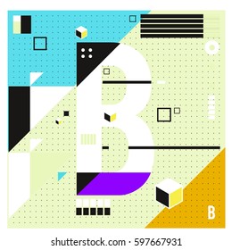 Vector Letter B Memphis style geometrical color outline font. Graphical decorative type. Template for poster design.