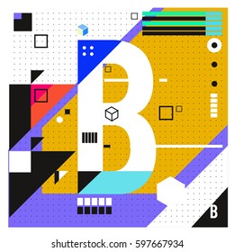 Vector Letter B Memphis style geometrical color outline font. Graphical decorative type. Template for poster design.
