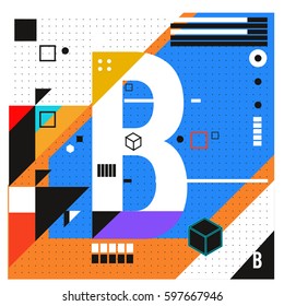 Vector Letter B Memphis style geometrical color outline font. Graphical decorative type. Template for poster design.