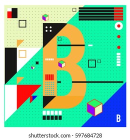 Vector Letter B Memphis style geometrical color outline font. Graphical decorative type. Template for poster design.