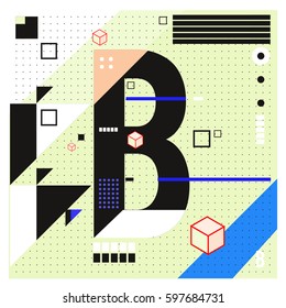 Vector Letter B Memphis style geometrical color outline font. Graphical decorative type. Template for poster design.