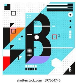 Vector Letter B Memphis style geometrical color outline font. Graphical decorative type. Template for poster design.