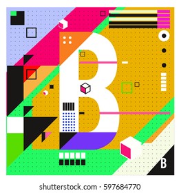 Vector Letter B Memphis style geometrical color outline font. Graphical decorative type. Template for poster design.