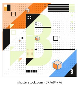 Vector Letter B Memphis style geometrical color outline font. Graphical decorative type. Template for poster design.